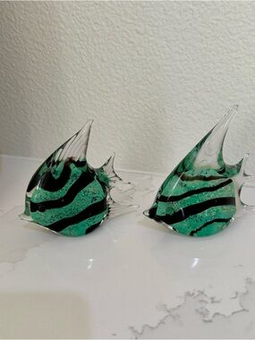 Home Accent/Collectible Marine Art Glass Murano Angelfish  Green/Black stripes